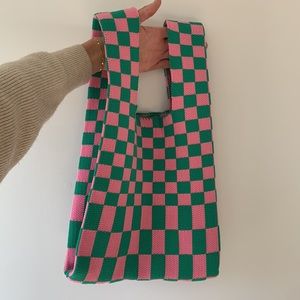 NWOT Ribbed Knit Market Bag in Pink/Green Check Pattern